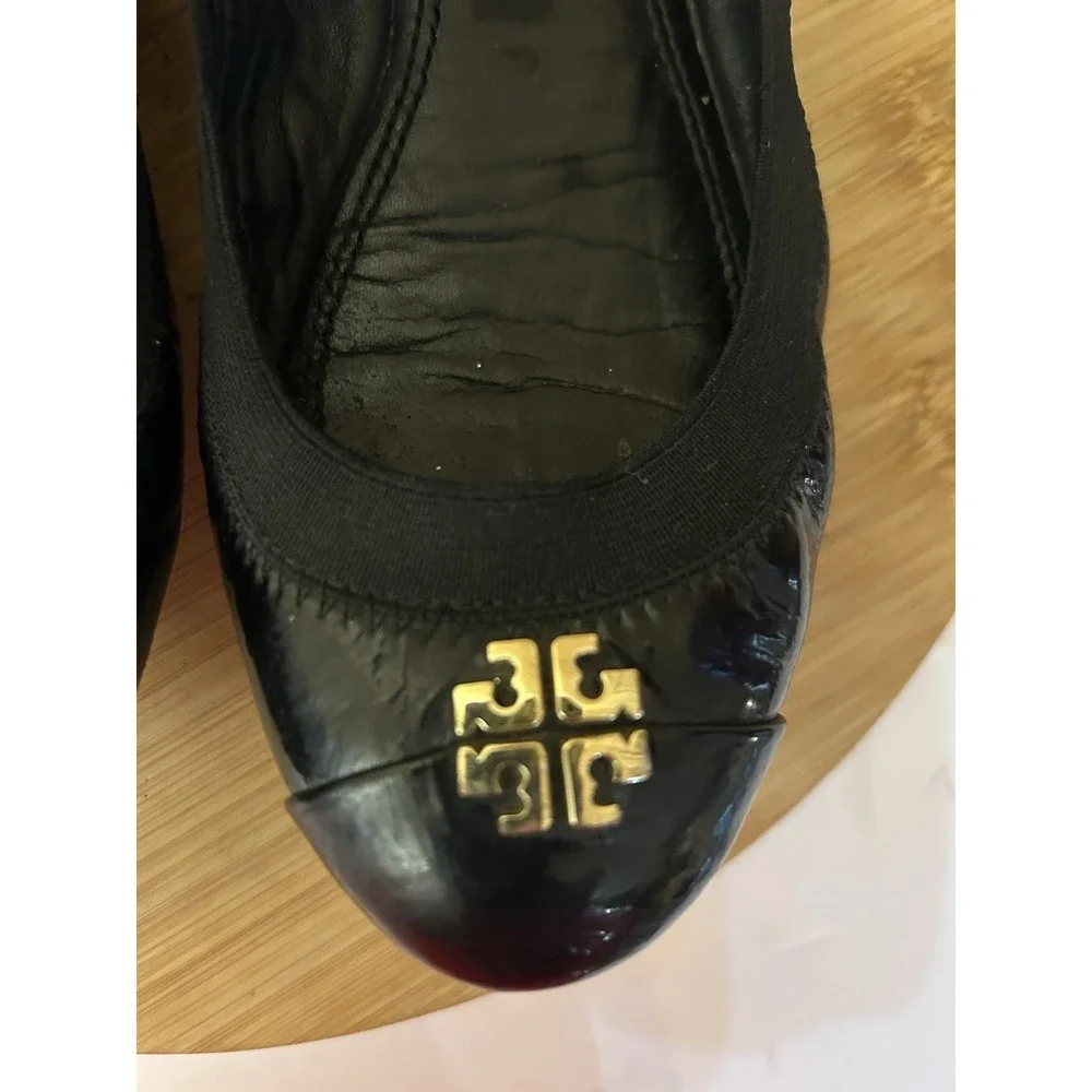 TORY BURCH Jolie Leather Double T Ballet Flats Women's Size 7.5M Black EUC